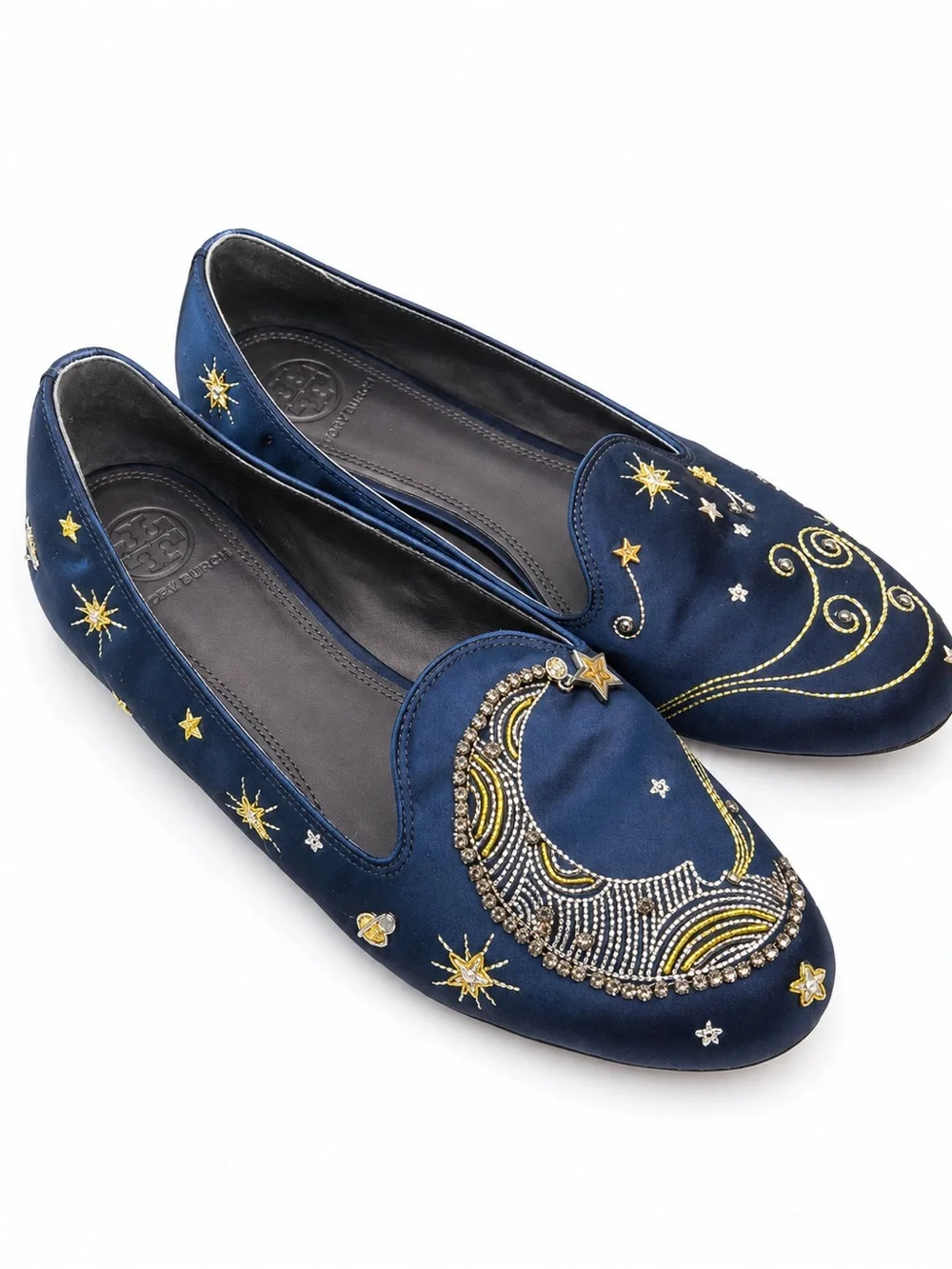 Tory Burch Olympia Celestial Embroidered Satin Loafers Navy Starry Night Size 7